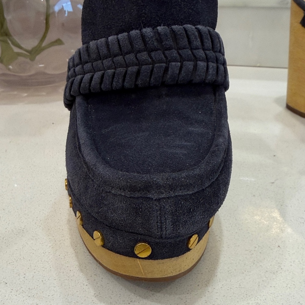 Veronica Beard Navy Suede Mules with Gold Accents - Picture 6 of 11